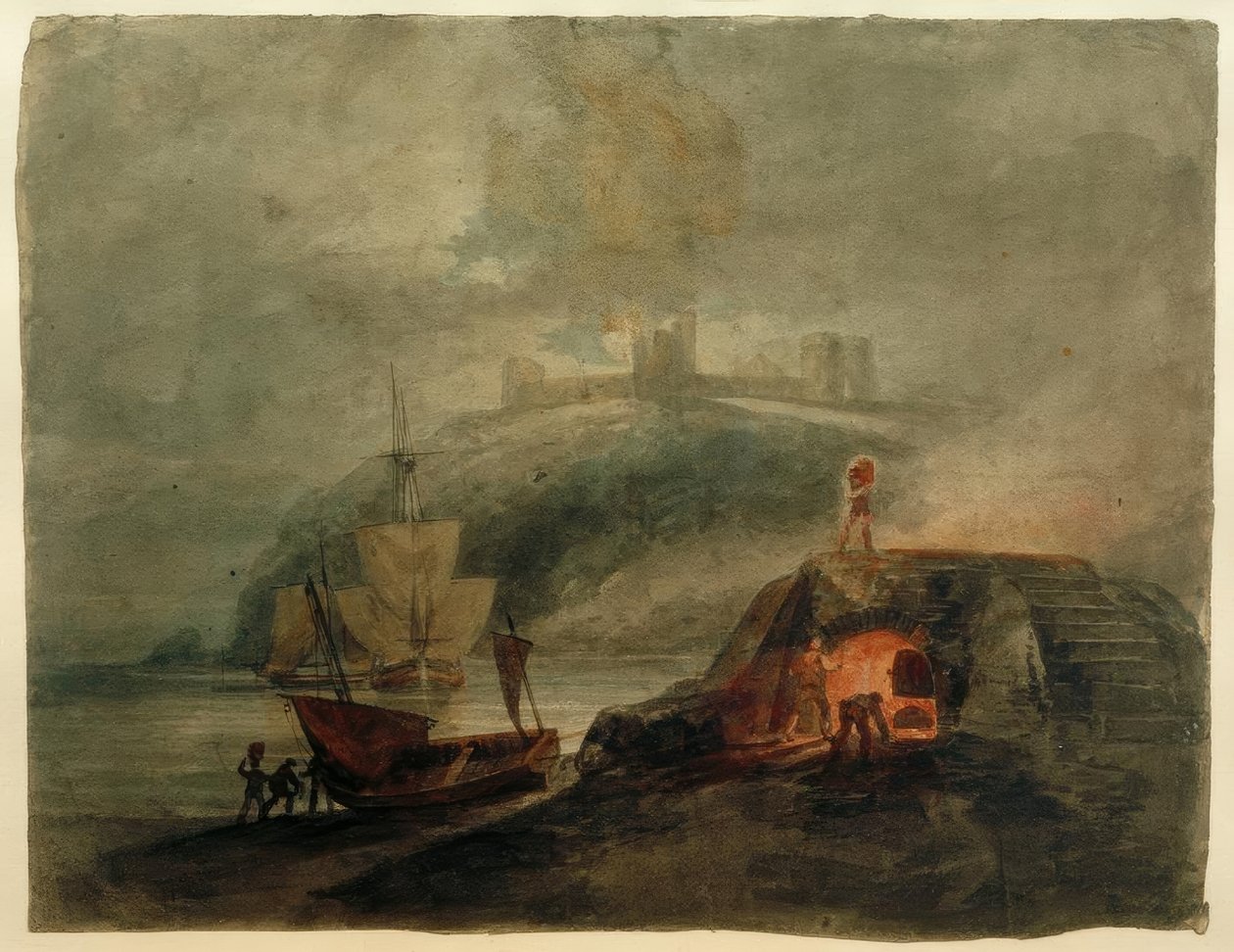 Llanstephan Castle bei Mondlicht, mit einem Ofen im Vordergrund von Joseph Mallord William Turner