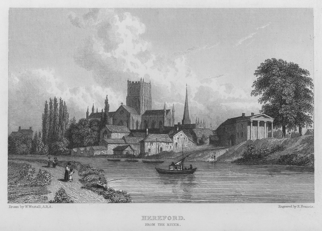 Hereford, vom Fluss aus (Gravur) von William (after) Westall