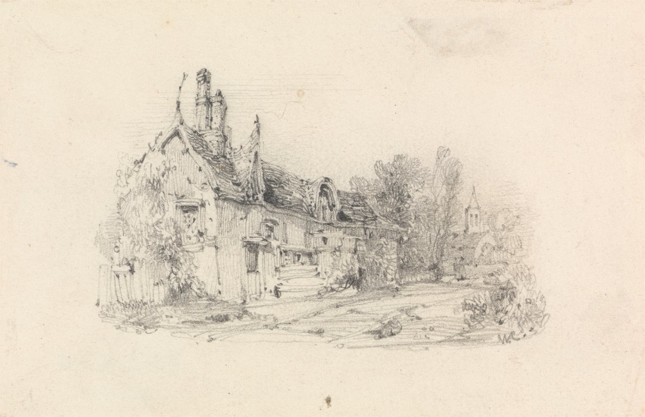 Bauernhaus mit Kirche in der Ferne von William Callow