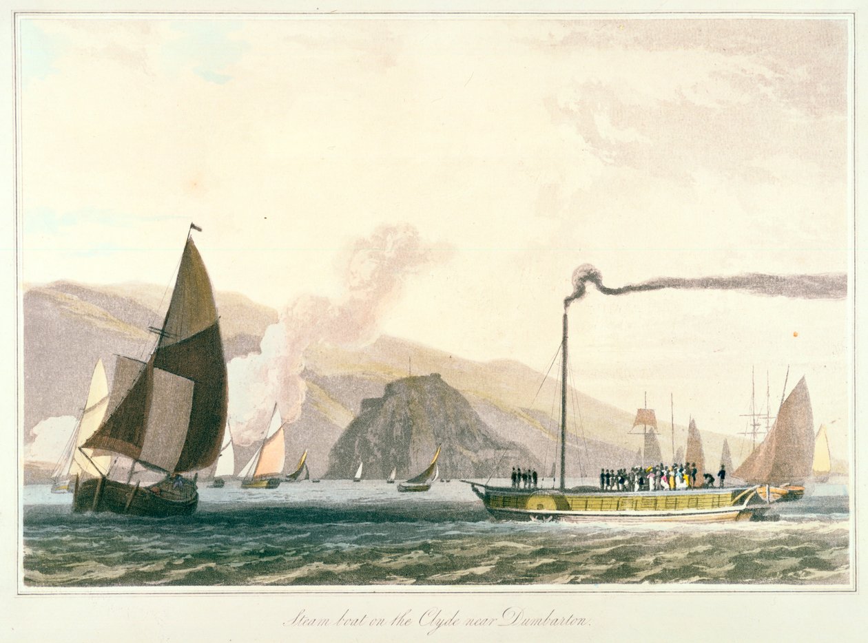 Dampfschiff auf dem Clyde bei Dumbarton, um 1814 von William Daniell