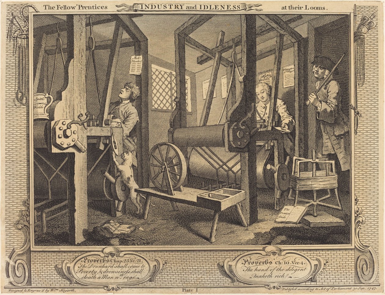 Die Lehrlinge an ihren Webstühlen von William Hogarth