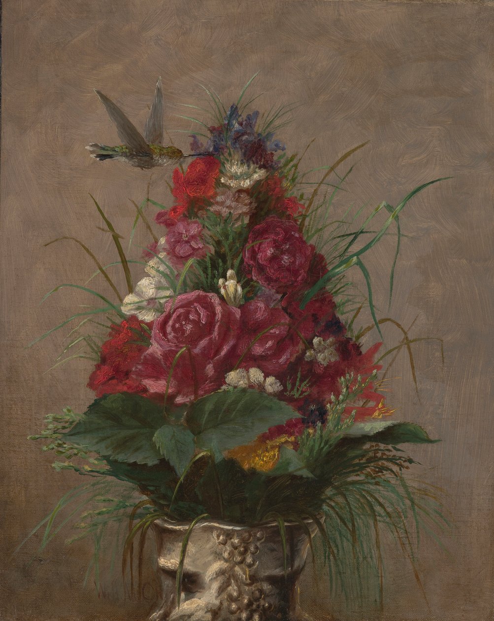 Floral Stillleben mit Kolibri von William Merritt Chase