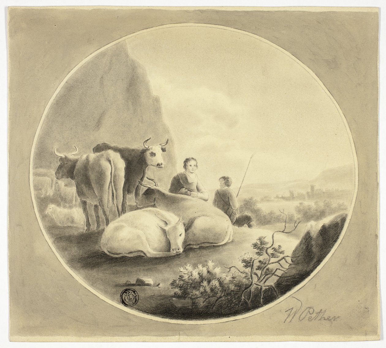 Hirten, Kühe und Schafe in der Landschaft von William Pether