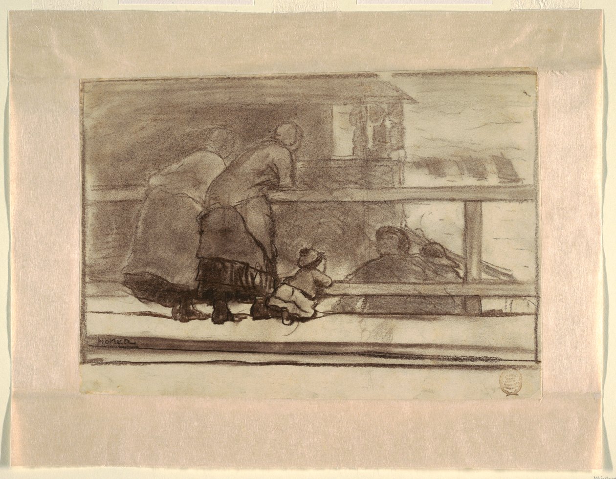 Zwei Frauen und ein Kind an einem Geländer, mit Blick auf den Strand von Tynemouth von Winslow Homer