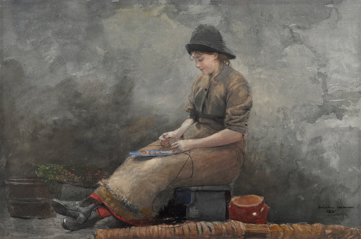 Ein Fischermädchen, das Köder anlegt von Winslow Homer