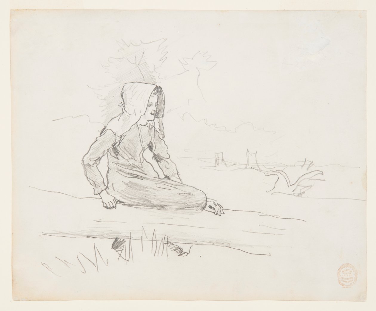 Mädchen auf einem Baumstamm sitzend von Winslow Homer