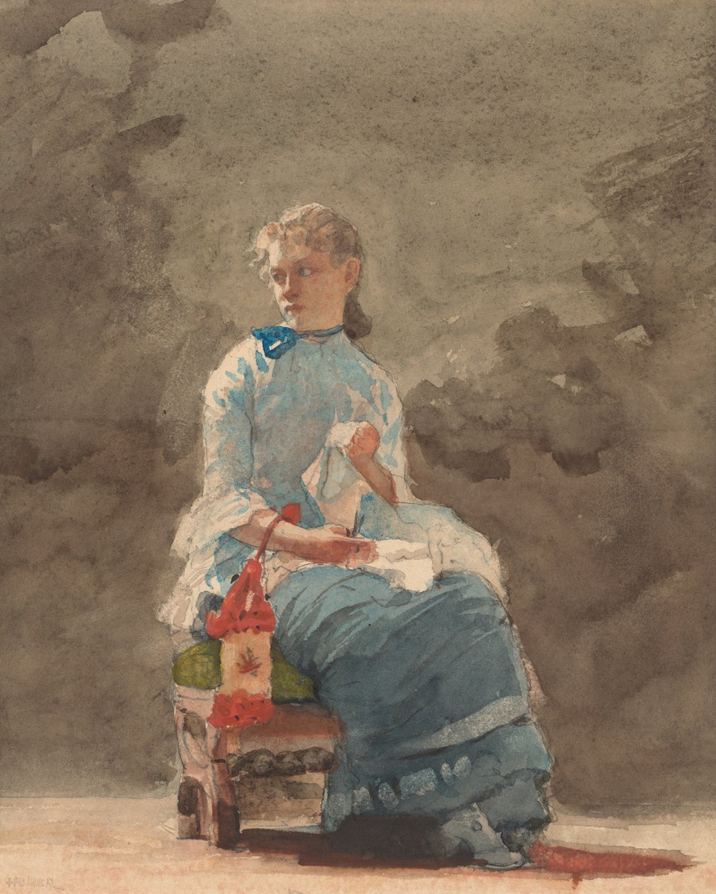 Junge Frau beim Nähen von Winslow Homer