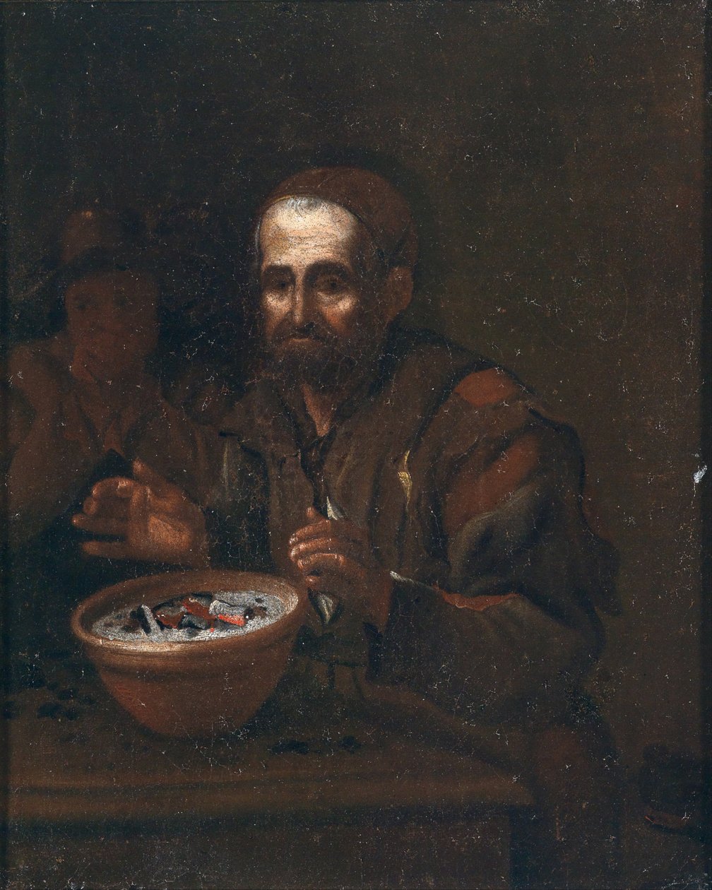 Ein alter Mann, der sich an einem Kohlefeuer wärmt von Workshop of Michiel Sweerts