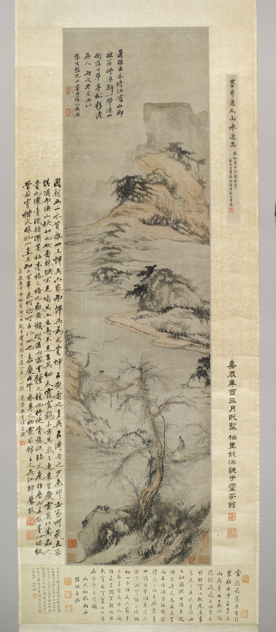Ein alter Mann, der an einem Bach entlanggeht, mit fernen Bergen, 1706 von Wu Li