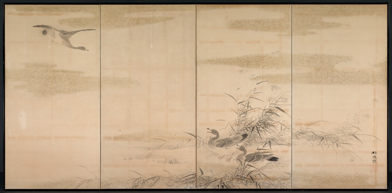 Gänse, Schilf und Wasser, 1800er Jahre von Yamamoto Baiitsu