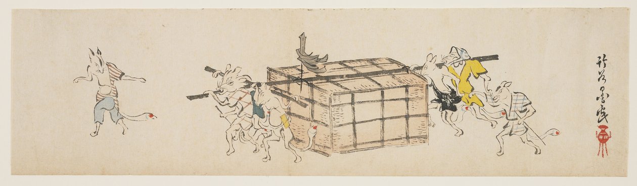 Weiße Füchse tragen eine Truhe, ca. 1840 von Yoda Chikkoku
