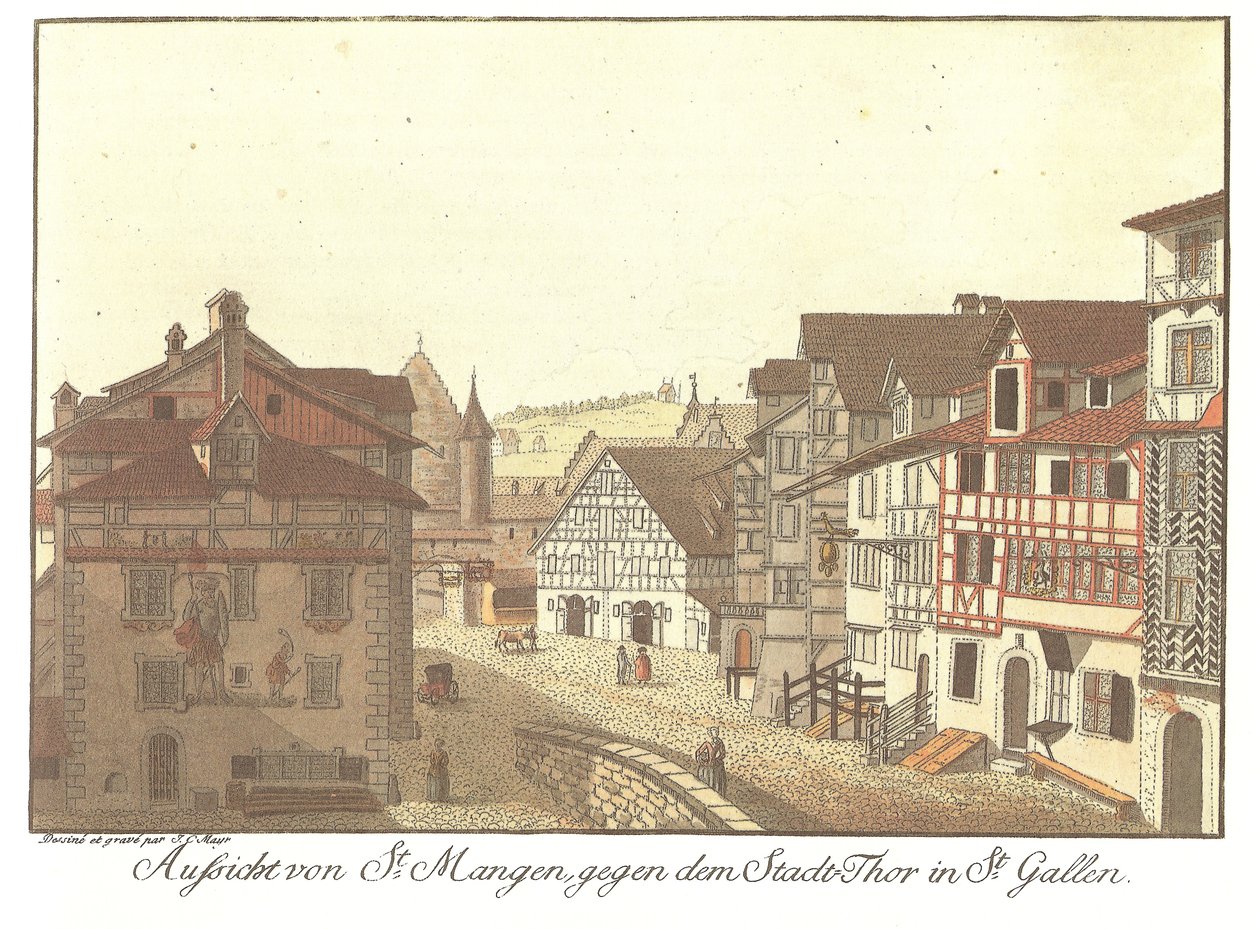 Aussicht von St. Mangen gegen das Stadttor in St. Gallen von Zeichner und Kupferstecher