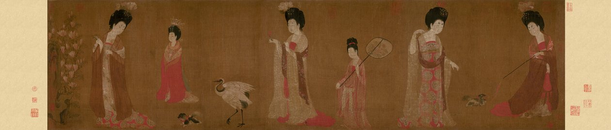Hofdamen mit blumengeschmückten Kopfbedeckungen von Zhou Fang