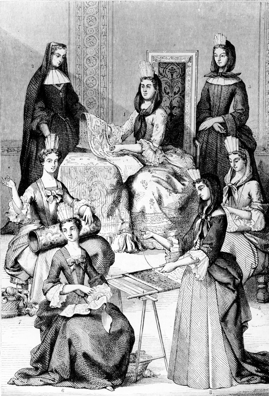 Madame de Saint-Cyr, eine Nonne, eine Novizin und junge Mädchen der vier Klassen von after Chevignard