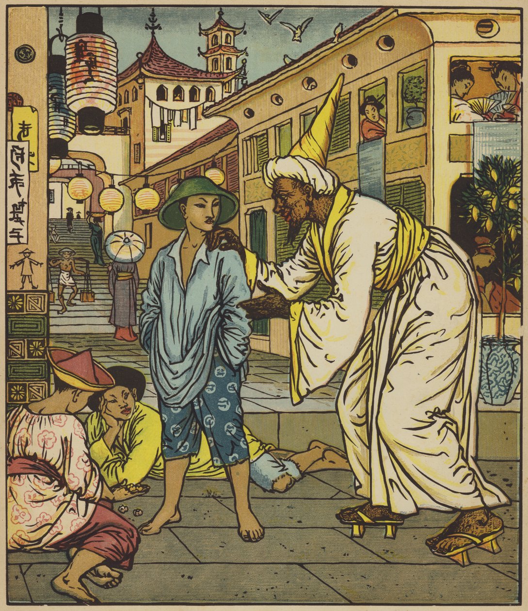 Der Magier spricht Aladdin an von after Walter Crane