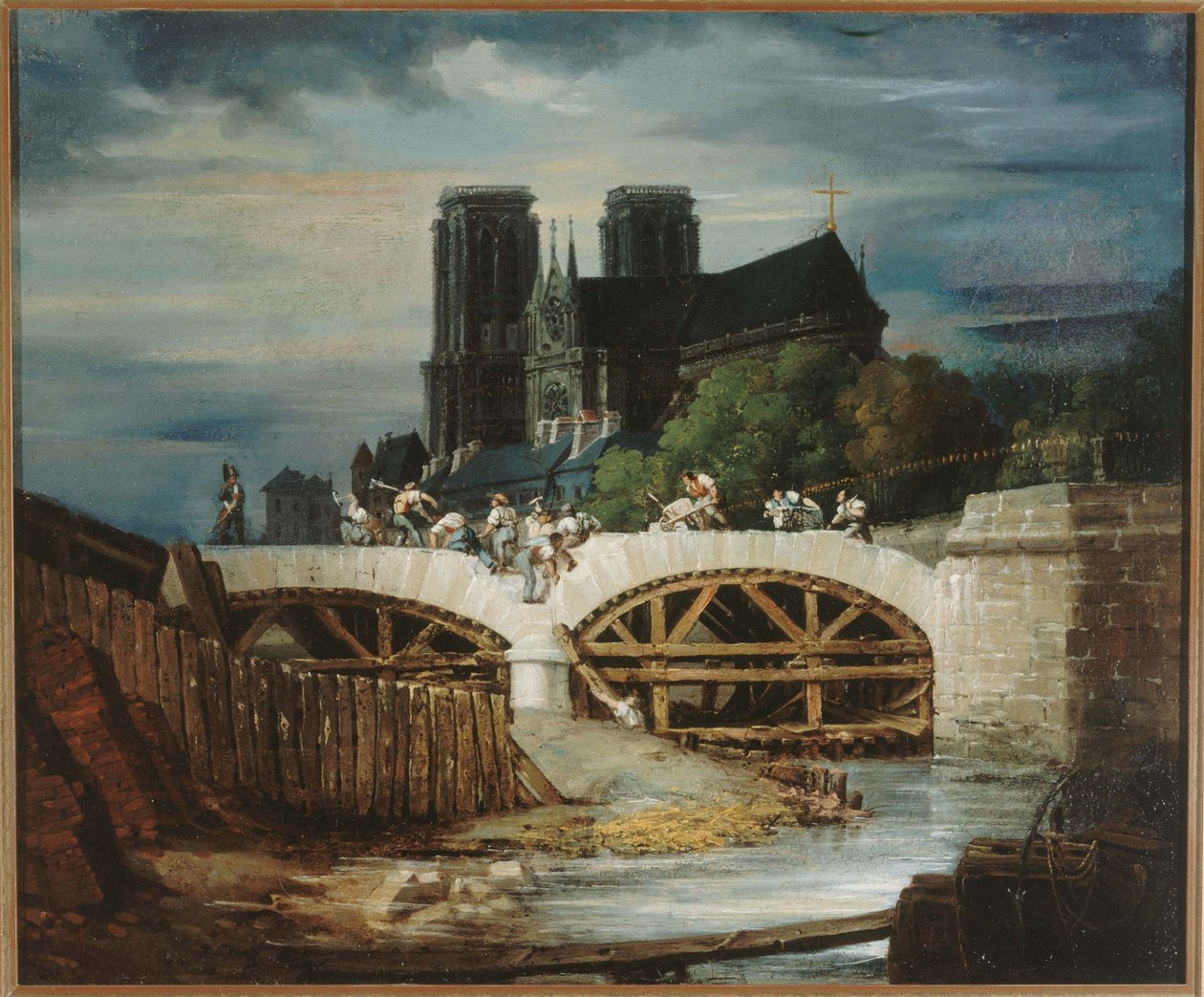 Bau der Brücke von Archevêché, um 1828 von anonymous 