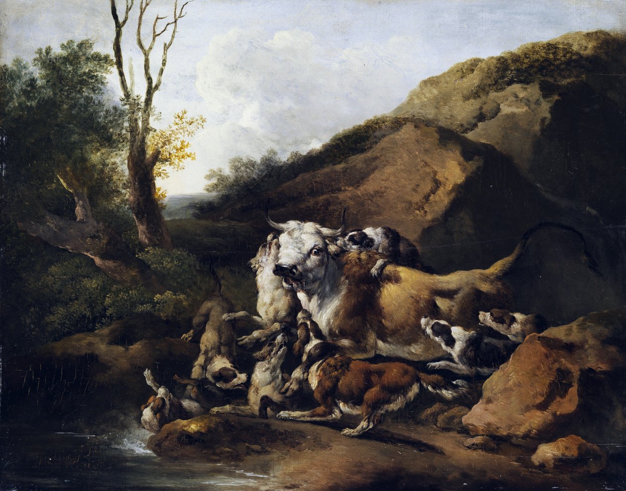 Auerochse im Kampf gegen eine Jagdhundmeute von attributed to Johann Heinrich Roos