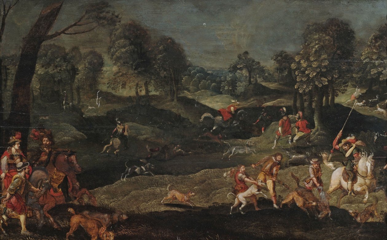 Hetzjagd in Waldlandschaft, an der ein Herrscherpaar teilnimmt von circle of Sebastian Vrancx