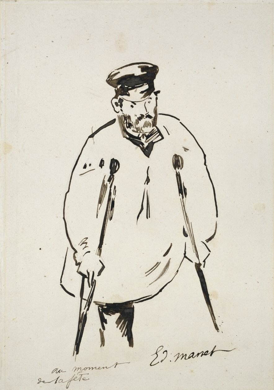 Mann auf Krücken (Graphit mit Rohrfeder und schwarzer Tinte auf feinkörnigem weißen Papier) von Édouard Manet