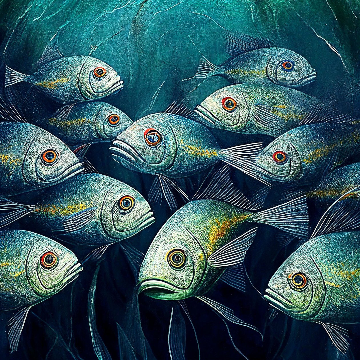 Fische im Ozeanwasser, Abstraktes Gemälde von F. Abderrahim