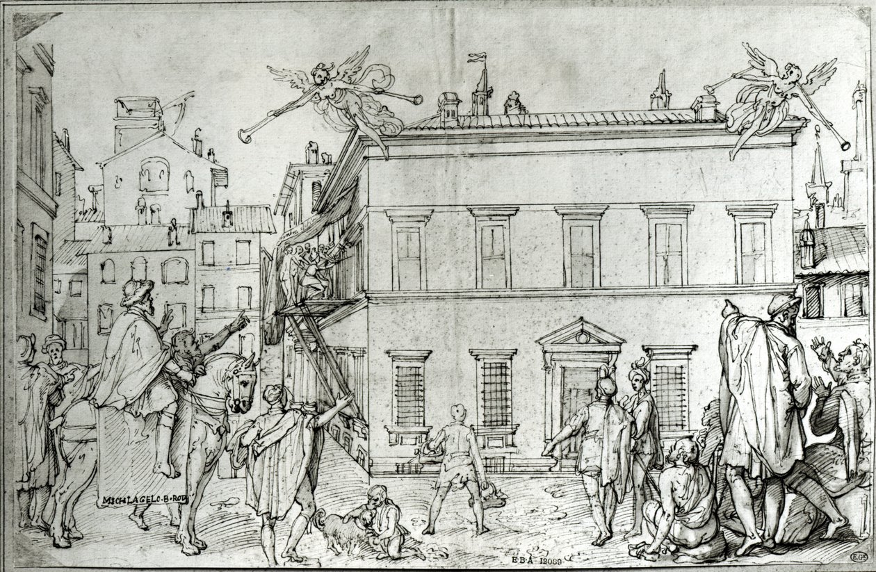 Michelangelo zu Pferd, besucht einen Künstler von Federico Zuccari or Zuccaro