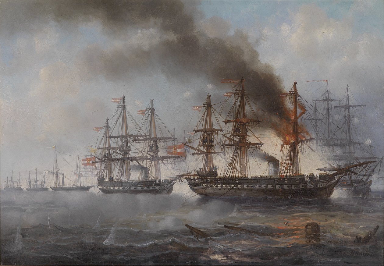 Das Seegefecht bei Helgoland 1864 (die brennende österreichische Fregatte Schwarzenberg, dahinter die Fregatte Radetzky) von Josef Karl Berthold Puttner