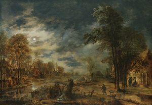 Mondscheinlandschaft mit einem Dorf