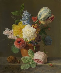 Stillleben mit Blumen und Nüssen