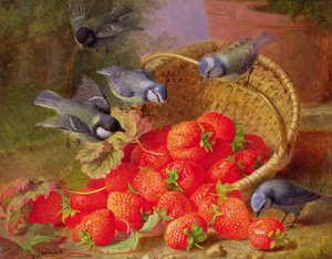 Stillleben mit Erdbeeren und Blaumeisen