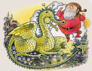 Drache mit dickem bärtigem Mann