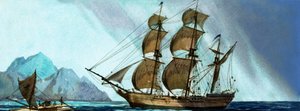 Unidentifiziertes Segelschiff nähert sich einer Insel