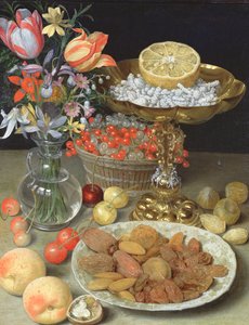 Stillleben mit Blumen und Dessert