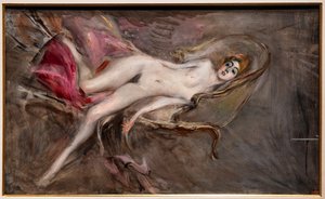 Nackte Frau auf rosa Kissen