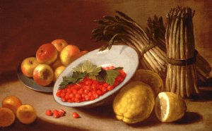 Stillleben mit Himbeeren, Zitronen und Spargel