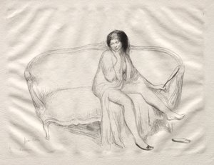 Nackte Frau auf einem Sofa sitzend