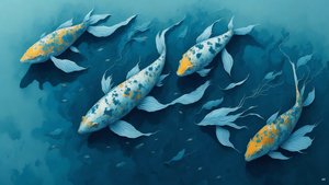 Tuschemalerei: Koi-Karpfen Blau_02