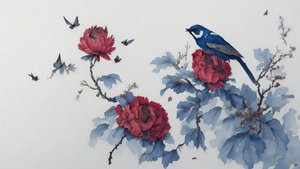 Tintenmalerei: Pfingstrose in Blau 01