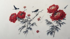 Tintenmalerei: Pfingstrose in Rot 02