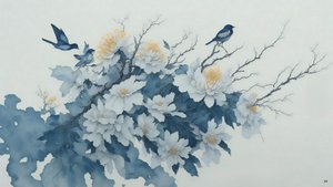 Tuschemalerei: Chrysanthemenblume in Blau_02