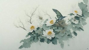 Tuschemalerei: Chrysanthemenblume in Grün_02