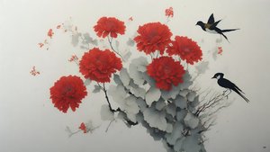 Tuschemalerei: Chrysanthemenblume in Rot_02
