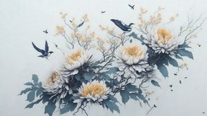 Tuschemalerei: Chrysanthemenblume in Weiß_02