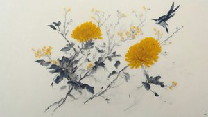 Tuschemalerei: Chrysanthemenblume in Gelb_01