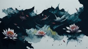 Tintenmalerei: Seerose schwarz 02