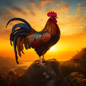 Ein krähender Hahn bei Sonnenaufgang