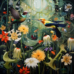 Kolibris und ein Frosch im Wald