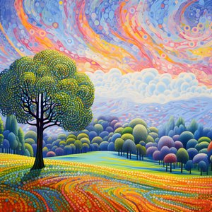 Landschaft mit Bäumen und Hügeln