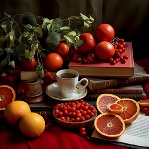 Zitrusfrüchte rotes Buch Kaffee