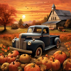 Ein Oldtimer-Pickup-Truck an einem Herbst-Sonnenuntergang-Abend 1