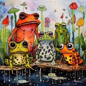 ganzseitige Aquarell- und Tuschemalerei von Fröschen